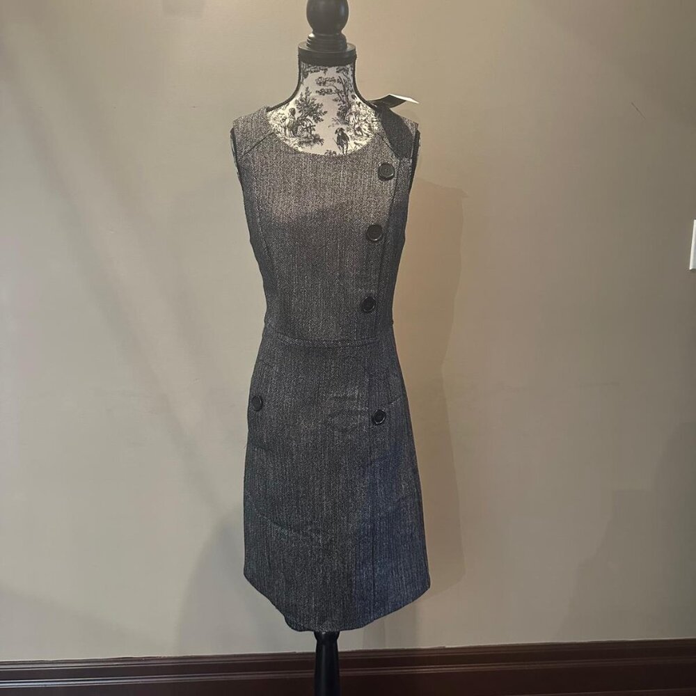 Next NWT Grey Tweed Herringbone Sheath Dress Sleeveless Button Detail Workwear - Picture 4 of 7